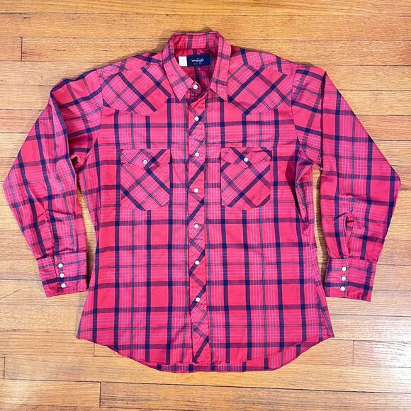 Wrangler Mens Western Pearl Snap Red Plaid Button Up Collared Shirt Size L - Picture 1 of 8